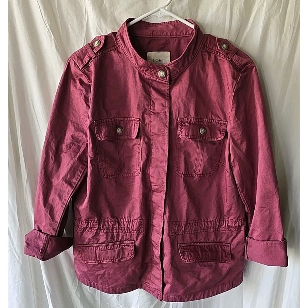 Loft Utility Jacket Button-Up Pink Wine‎ Colored Drawstring Waist Size L Fall